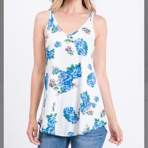 Ivory & Royal Blue Floral V-Neck Tank, M